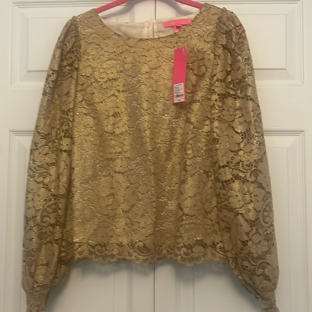 Lilly Pulitzer Everglade long sleeve lace top gold metallic gilded floral lace.